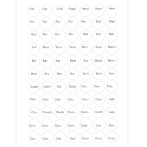 Label C - Circular printed labels with remedy names (12mm diameter) (616 per pack, 77 per sheet)
