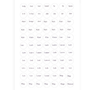 Label C - Circular printed labels with remedy names (12mm diameter) (616 per pack, 77 per sheet)