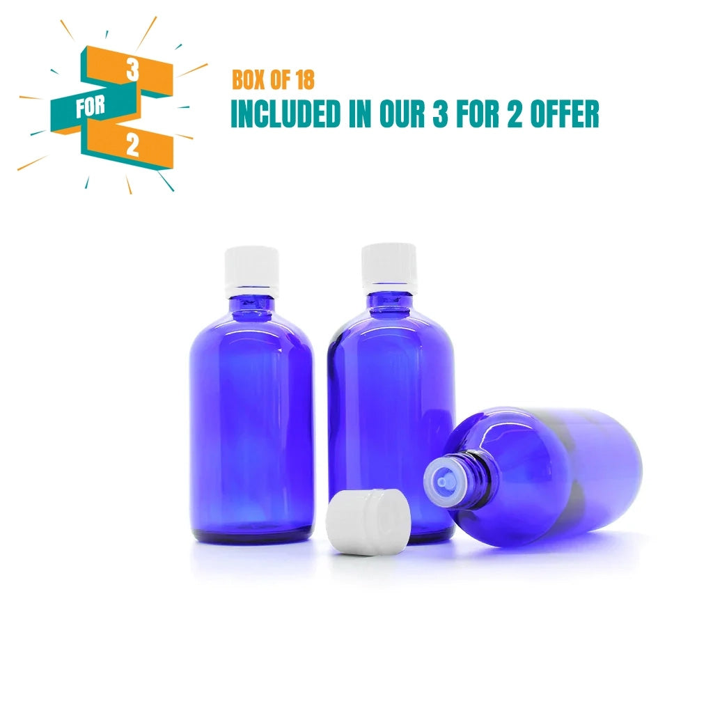 100ml Blue Moulded Glass Pourer Restrictor Bottle WITH TAMPER EVIDENT CAP