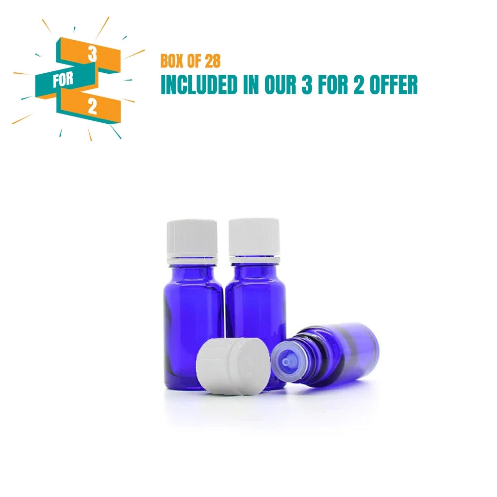10ml blue moulded glass bottles with WHITE tamper pourer restrictors