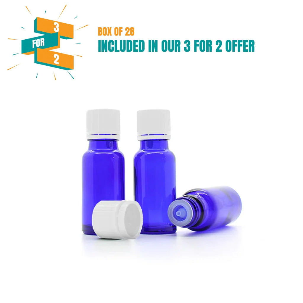 15ml Blue blue moulded glass bottles with WHITE tamper pourer restrictors