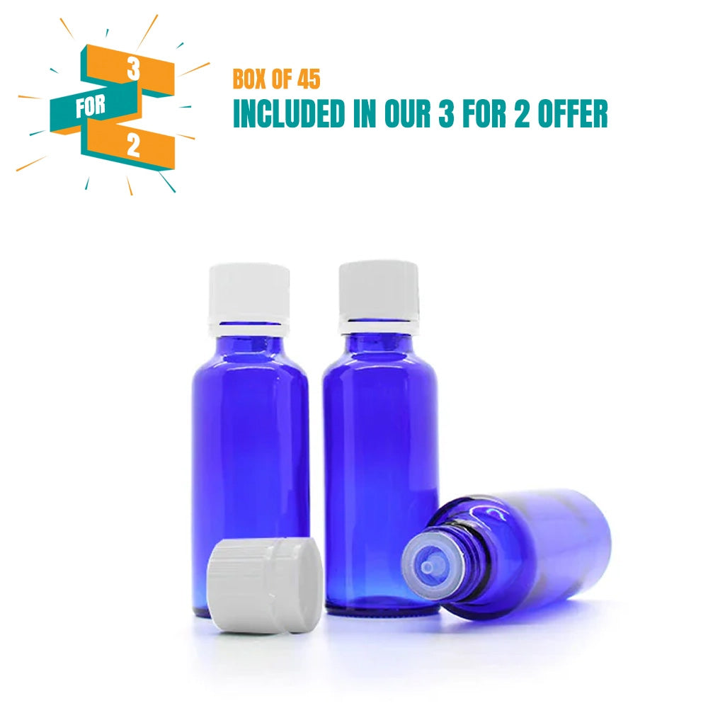 30ml Blue Moulded Glass Pourer Restrictor Bottle WITH TAMPER EVIDENT CAP