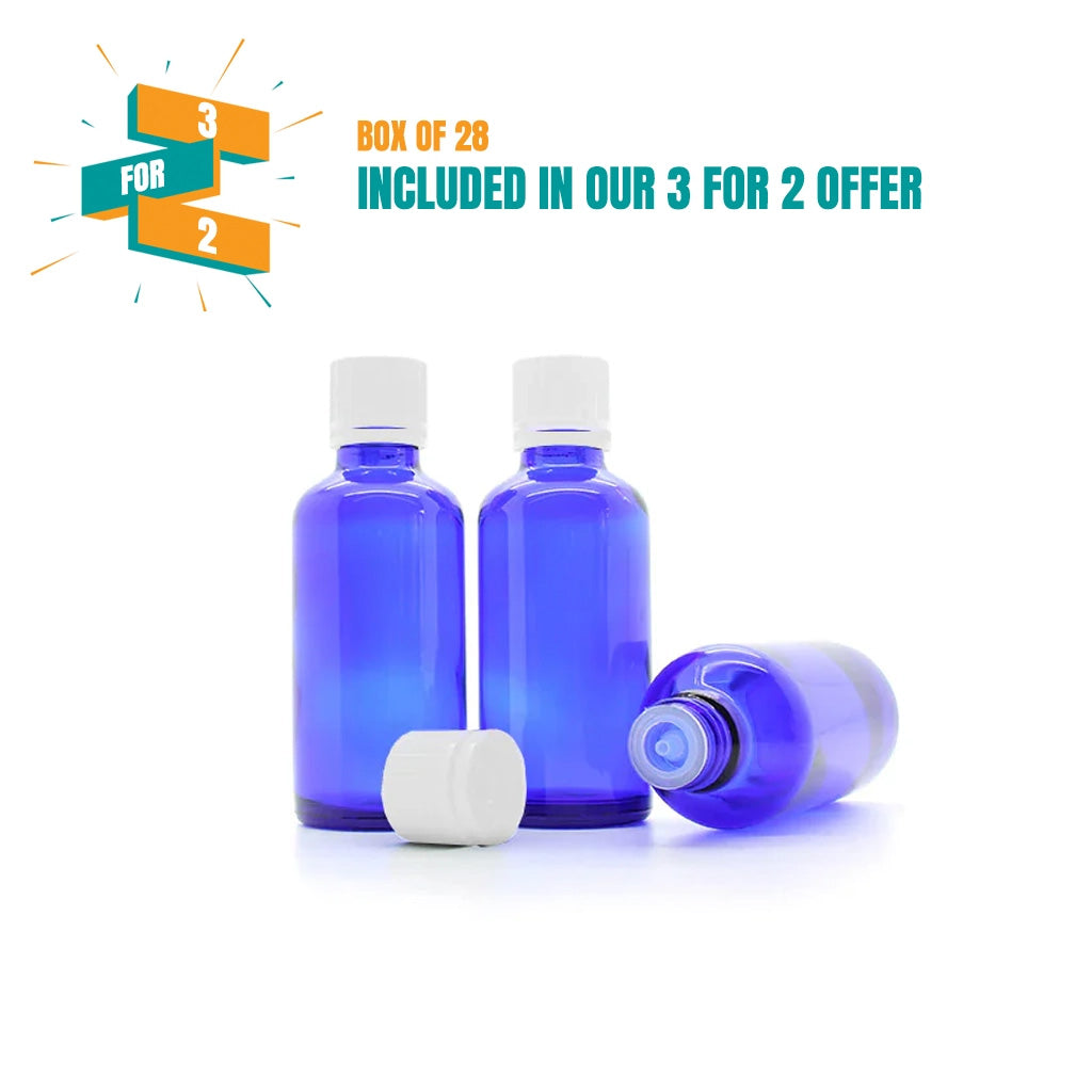 50ml Blue Moulded Glass Pourer Restrictor Bottle TAMPER EVIDENT CAP