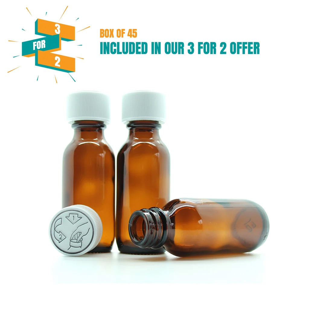 30ml Amber Moulded Glass screw cap bottle with Childproof Cap