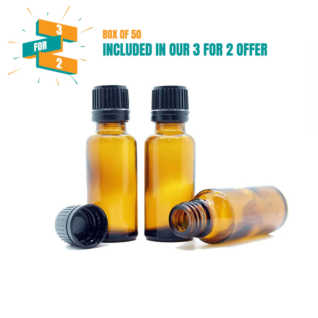 25ml Amber Moulded Screw Cap Bottle with Black Tamper Evident Cap