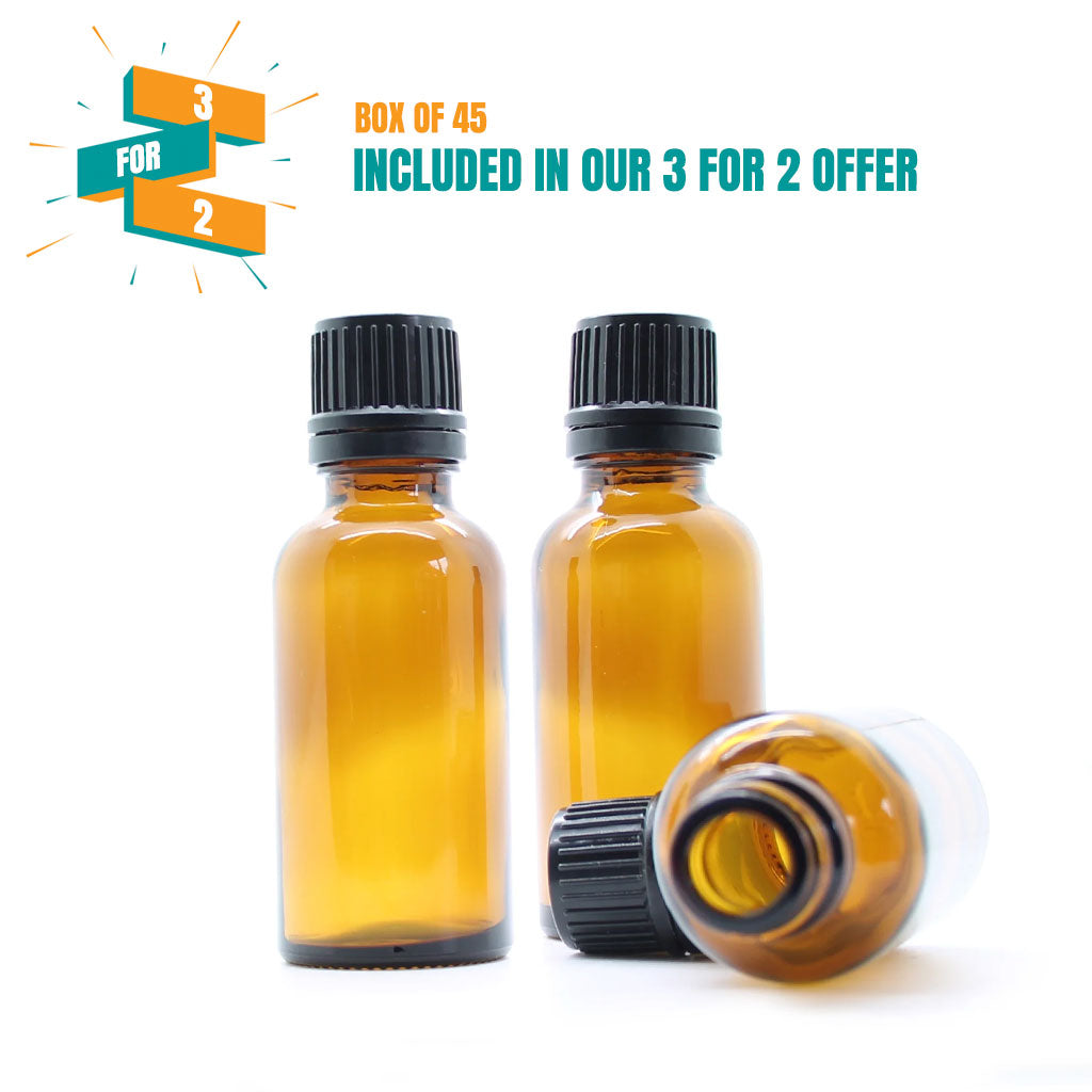 30ml amber screw cap bottle, BLACK tamper evident cap