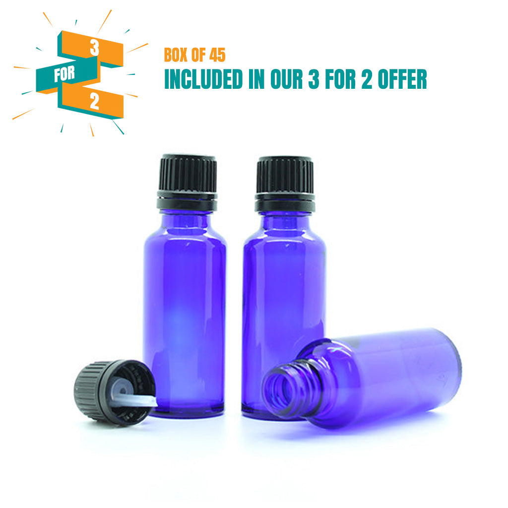 30ml Blue Moulded Glass Pourer Restrictor Bottle with Tamper Evident Cap for Oils