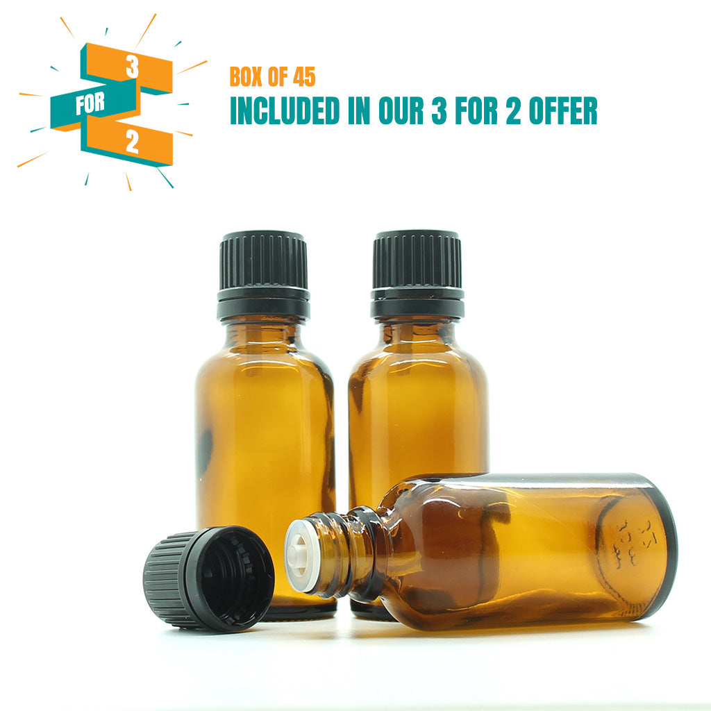 30ml Amber Moulded Glass Pourer Restrictor Bottle with Tamper Evident Cap