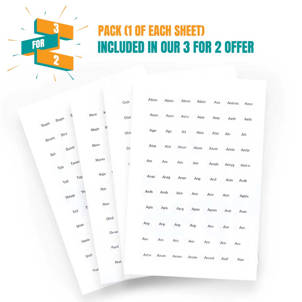 Label C - Circular printed labels with remedy names (12mm diameter) (616 per pack, 77 per sheet)