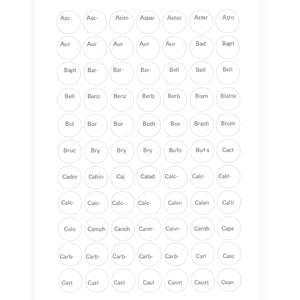 Label C - Circular printed labels with remedy names (12mm diameter) (616 per pack, 77 per sheet)