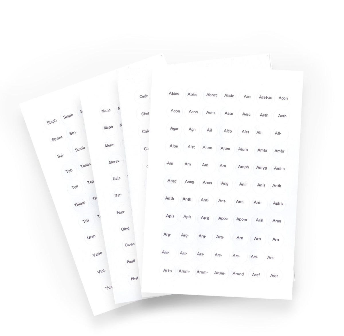 Label C - Circular printed labels with remedy names (12mm diameter) (616 per pack, 77 per sheet)