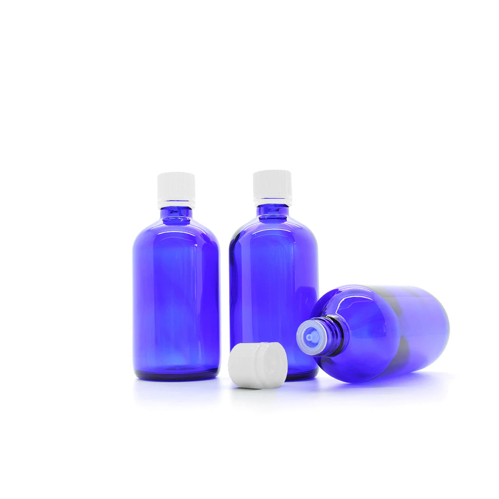 100ml Blue Moulded Glass Pourer Restrictor Bottle WITH TAMPER EVIDENT CAP