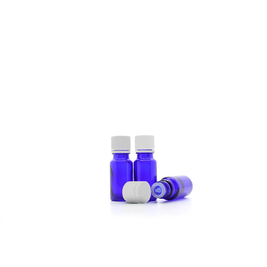 10ml blue moulded glass bottles with WHITE tamper pourer restrictors