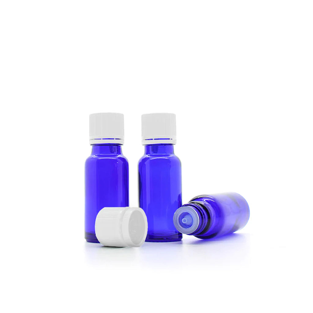 15ml Blue blue moulded glass bottles with WHITE tamper pourer restrictors