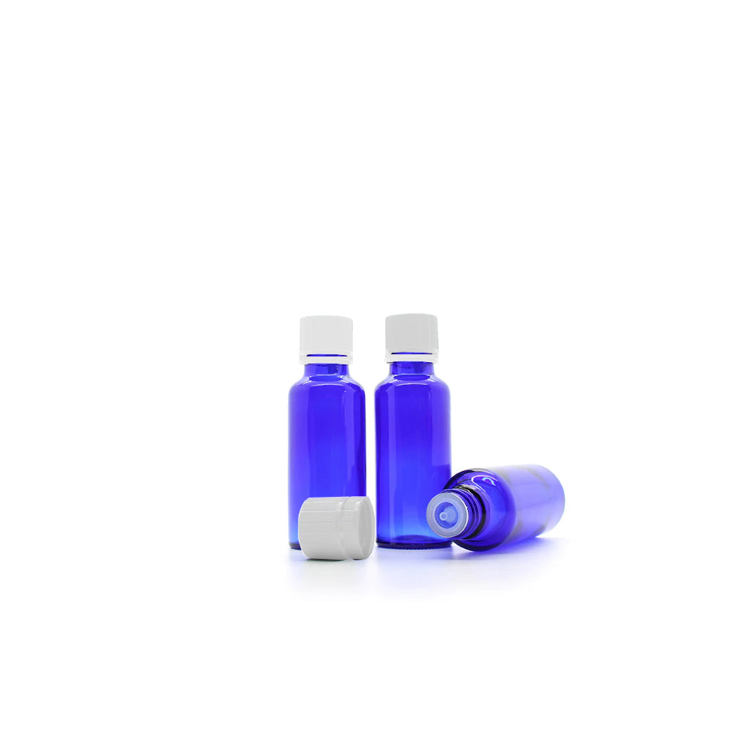 30ml Blue Moulded Glass Pourer Restrictor Bottle WITH TAMPER EVIDENT CAP