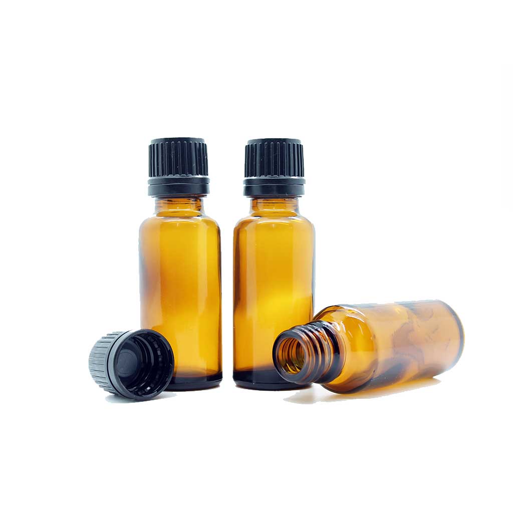 25ml Amber Moulded Screw Cap Bottle with Black Tamper Evident Cap