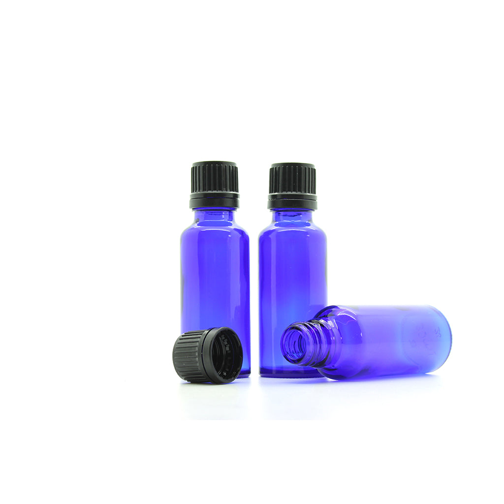 30ml Blue Moulded Glass Screw Cap Bottle with Tamper Evident Cap