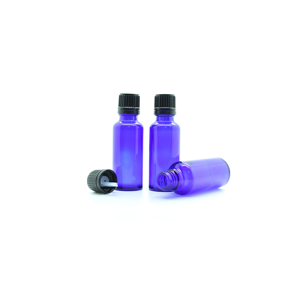 30ml Blue Moulded Glass Pourer Restrictor Bottle with Tamper Evident Cap